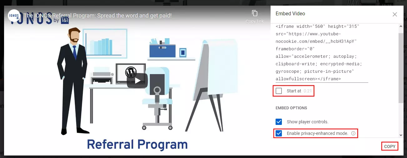 Image: Menu YouTube pour intégrer une vidéo
