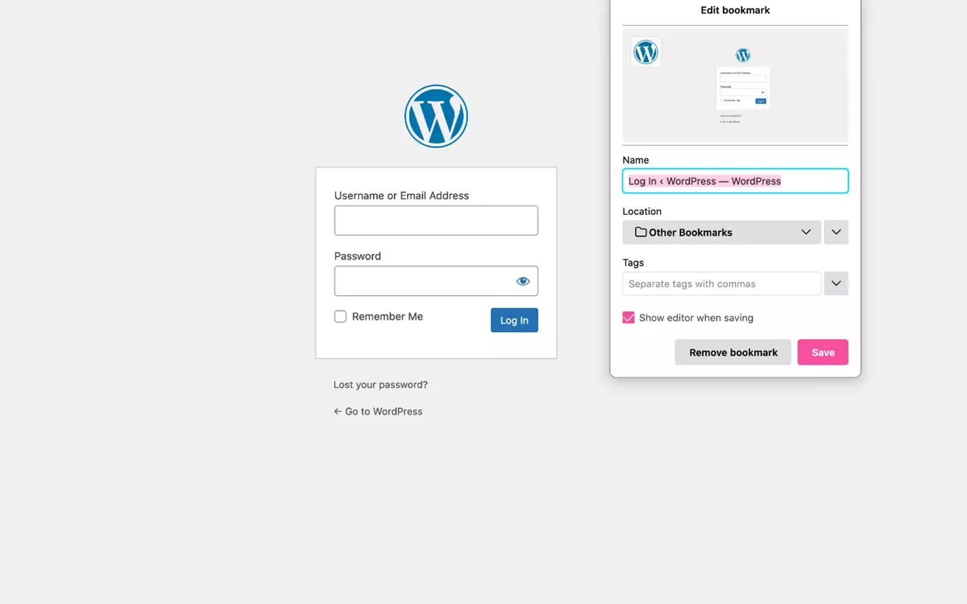 Image: Créer un signet de la page de connexion WP-Admin dans son navigateur
