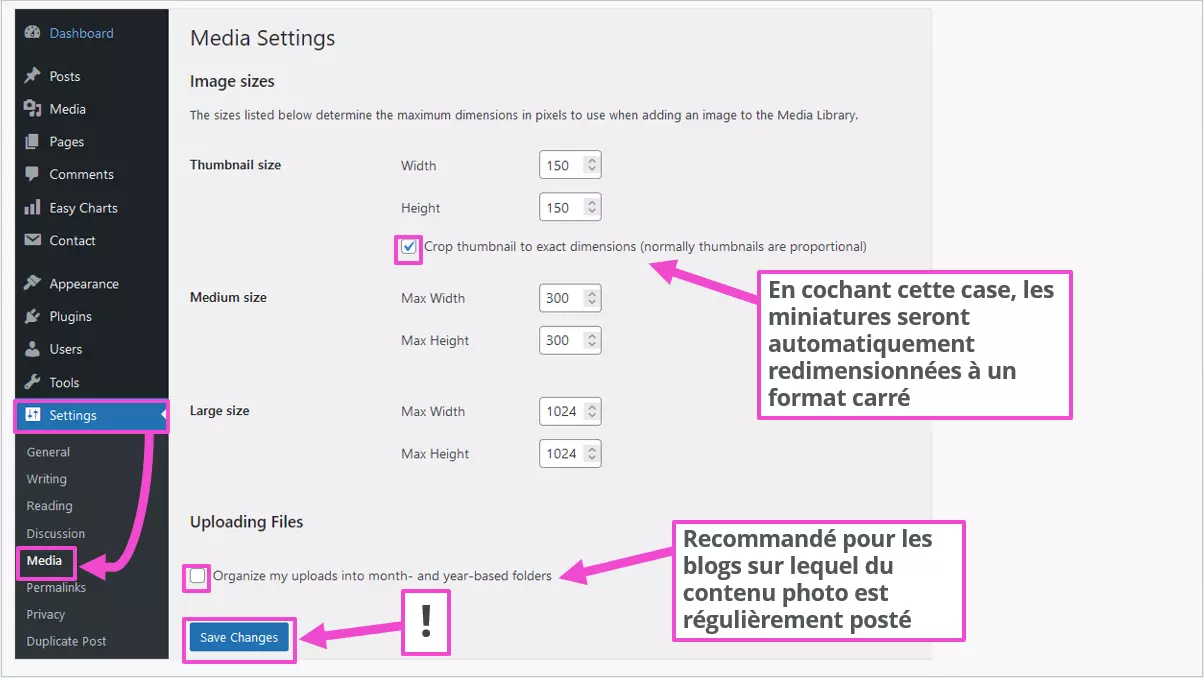 Réglage de la taille des images dans le tableau de bord WordPress Image: Réglage de la taille des images dans le tableau de bord WordPress